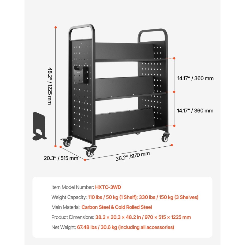 Pyörällinen kirjakärry hiiliteräs 150 kg kantavuus kaksipuoliset W-muotoiset hyllyt