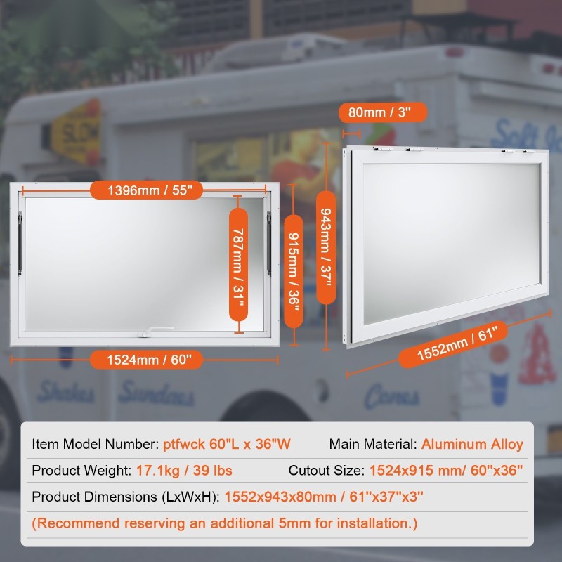 Myyntiluukku alumiiniseoksesta 1552x943 mm ruokavaunuihin 85 asteen avautuva