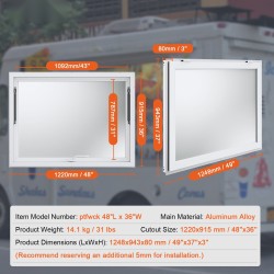 Myyntiluukku alumiiniseos 1248x943 mm 85 asteen avautuva ruokarekkoihin lasi ei sisälly