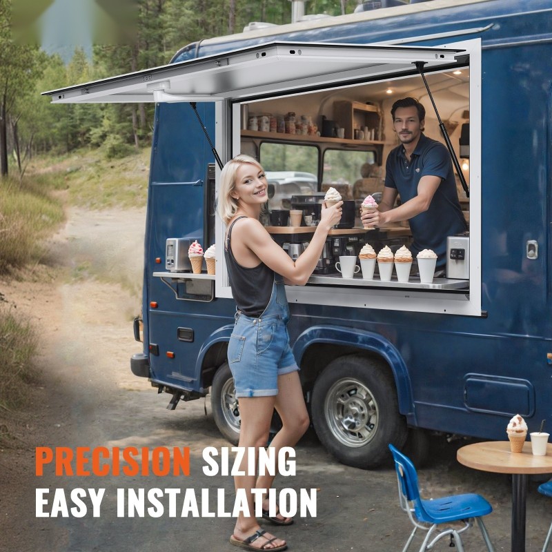 Myyntiluukku alumiiniseosrunko 943 x 943 mm ruokavaunuun avautuu jopa 85 astetta