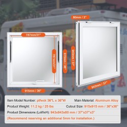 Myyntiluukku alumiiniseosrunko 943 x 943 mm ruokavaunuun avautuu jopa 85 astetta