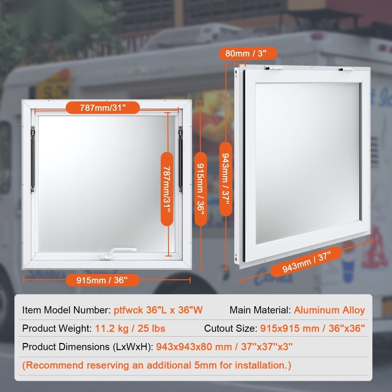 Myyntiluukku alumiiniseosrunko 943 x 943 mm ruokavaunuun avautuu jopa 85 astetta