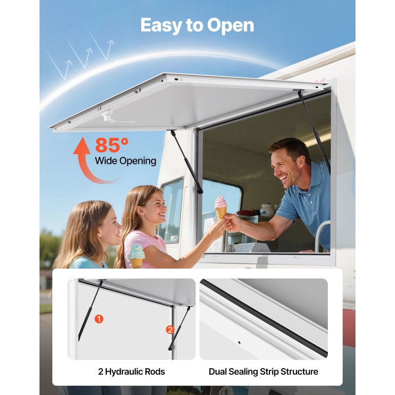 Myyntiluukku alumiiniseosrunko 188x102 cm ruokarekkoihin markiisiovella hydraulitukilla sadevesitiivis