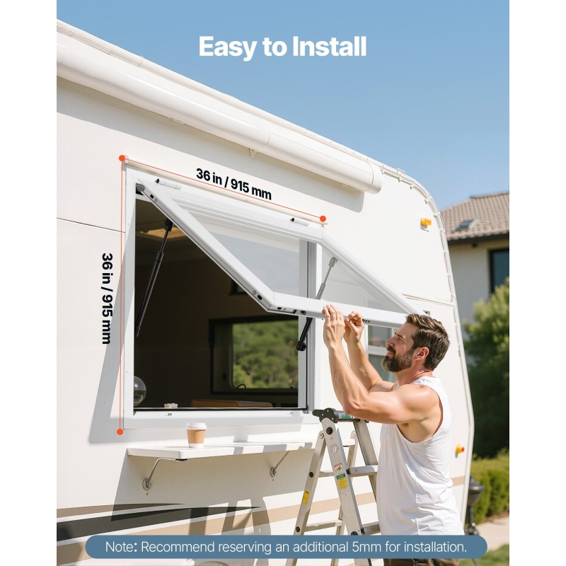 Palveluikkuna alumiiniseos 92x92 cm ruokarekkoihin markiisiovella hydraulisauvoilla sateenkestävä rakenne