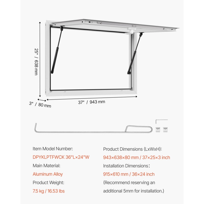 Myyntiluukku alumiiniseos asennusaukko 91,5x61 cm markiisiovella kaasujousilla ruokarekkoihin ja myyntivaunuihin