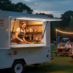 Myyntiluukku alumiiniseos asennusaukko 91,5x61 cm markiisiovella kaasujousilla ruokarekkoihin ja myyntivaunuihin