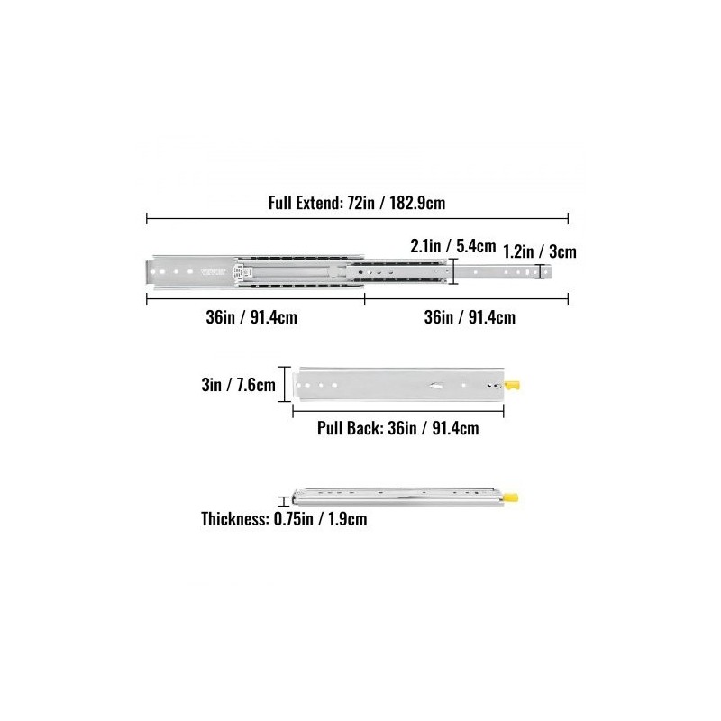 Laatikkokiskosarja kylmävalssattua terästä 91,4 cm 226,8 kg kantavuus kolmiosainen lukittava sivukiinnitys