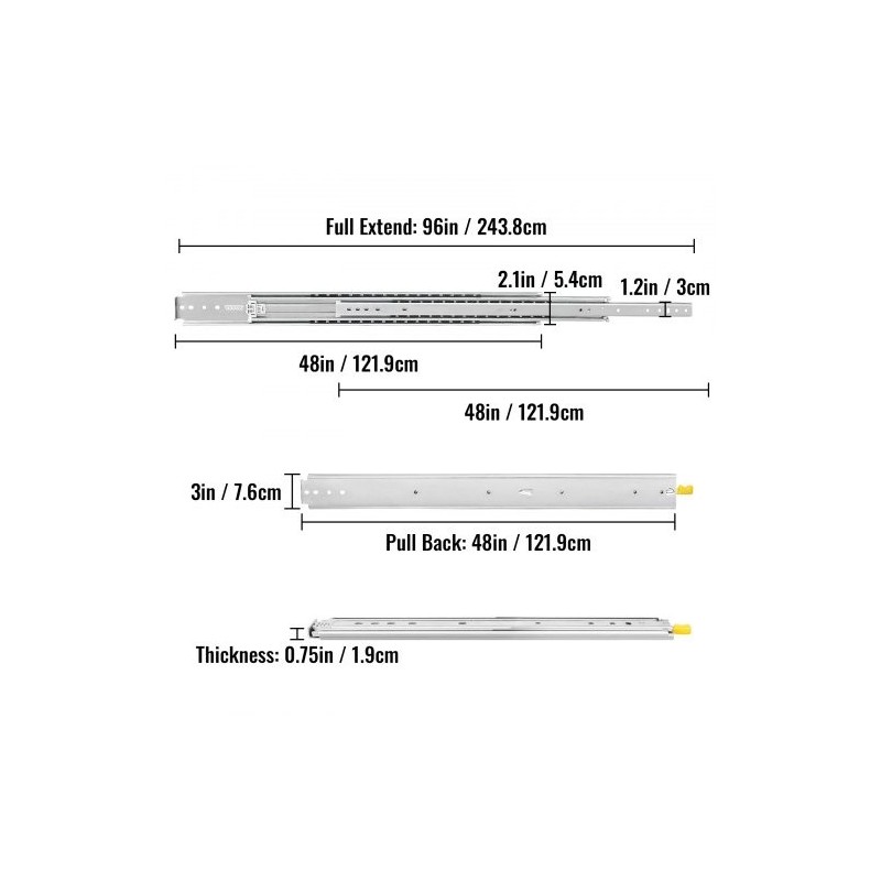Raskaan käytön laatikkokiskosarja kylmävalssattu teräs 48 tuumaa kokonaan ulos vedettävä pari