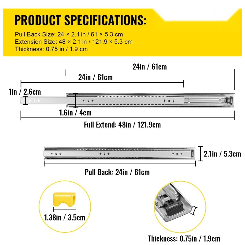 Laatikkokiskot kylmävalssatusta teräksestä 61 cm 2 kpl lukittavat täyspitkät