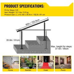 Alumiininen musta kaide 0–5 askelmalle 152,8 senttimetriä säänkestävä säädettävä kulma