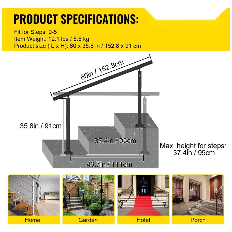 Alumiininen musta kaide 0–5 askelmalle 152,8 senttimetriä säänkestävä säädettävä kulma