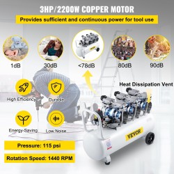 Öljytön paineilmakompressori 80 litran teräksinen säiliö 2200 wattinen kuparimoottori hiljainen pyörällinen