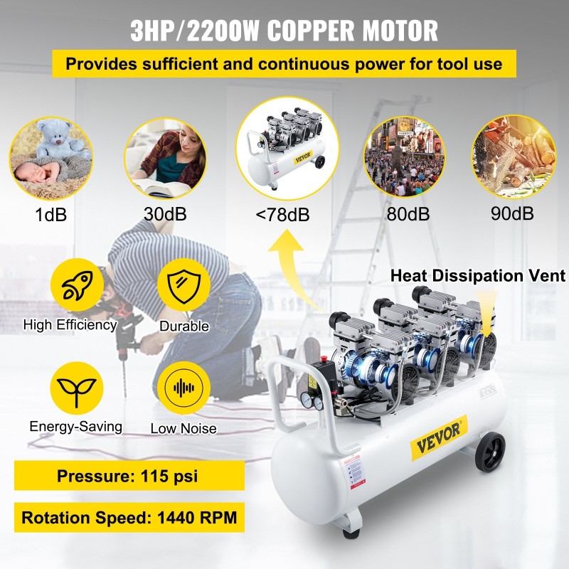 Öljytön paineilmakompressori 80 litran teräksinen säiliö 2200 wattinen kuparimoottori hiljainen pyörällinen