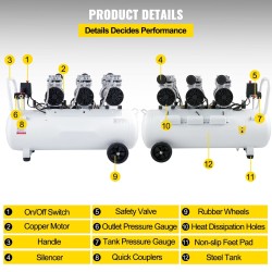 Öljytön paineilmakompressori 80 litran teräksinen säiliö 2200 wattinen kuparimoottori hiljainen pyörällinen