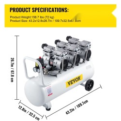 Öljytön paineilmakompressori 80 litran teräksinen säiliö 2200 wattinen kuparimoottori hiljainen pyörällinen