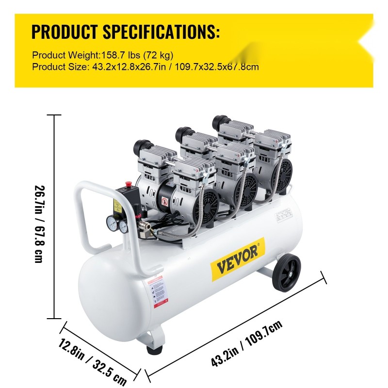 Öljytön paineilmakompressori 80 litran teräksinen säiliö 2200 wattinen kuparimoottori hiljainen pyörällinen