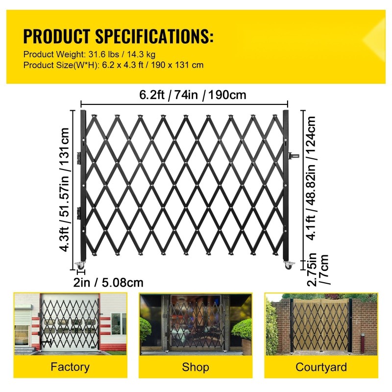 Taittuva yksiosainen turvaportti teräs 131 x 188 cm musta riippulukolla