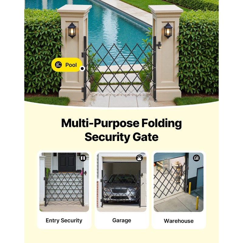 Taitettava teräksinen turvaportti 110×131 cm lukittavilla 360 asteen kääntyvillä pyörillä