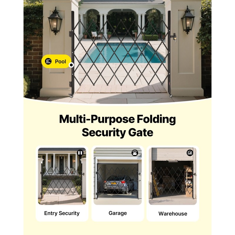 Teräksinen yksiosainen taitettava turvaportti 180 cm leveä 161 cm korkea salpalukolla pyörillä