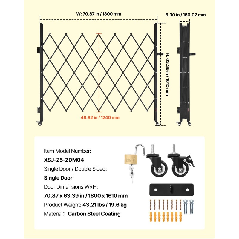 Teräksinen yksiosainen taitettava turvaportti 180 cm leveä 161 cm korkea salpalukolla pyörillä