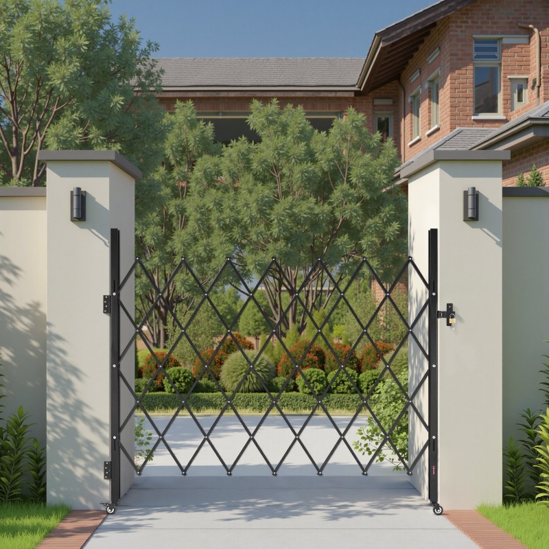 Teräksinen yksiosainen taitettava turvaportti 180 cm leveä 161 cm korkea salpalukolla pyörillä