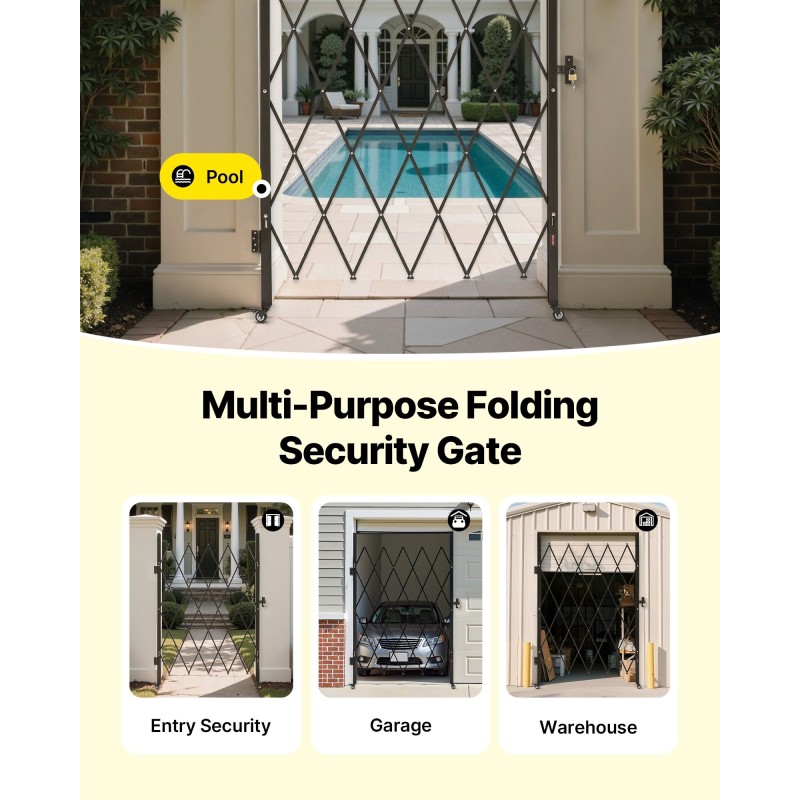 Teräksinen yksilehtinen taittuva turvaportti leveys 126 cm korkeus 197,5 cm lukittavilla pyörillä