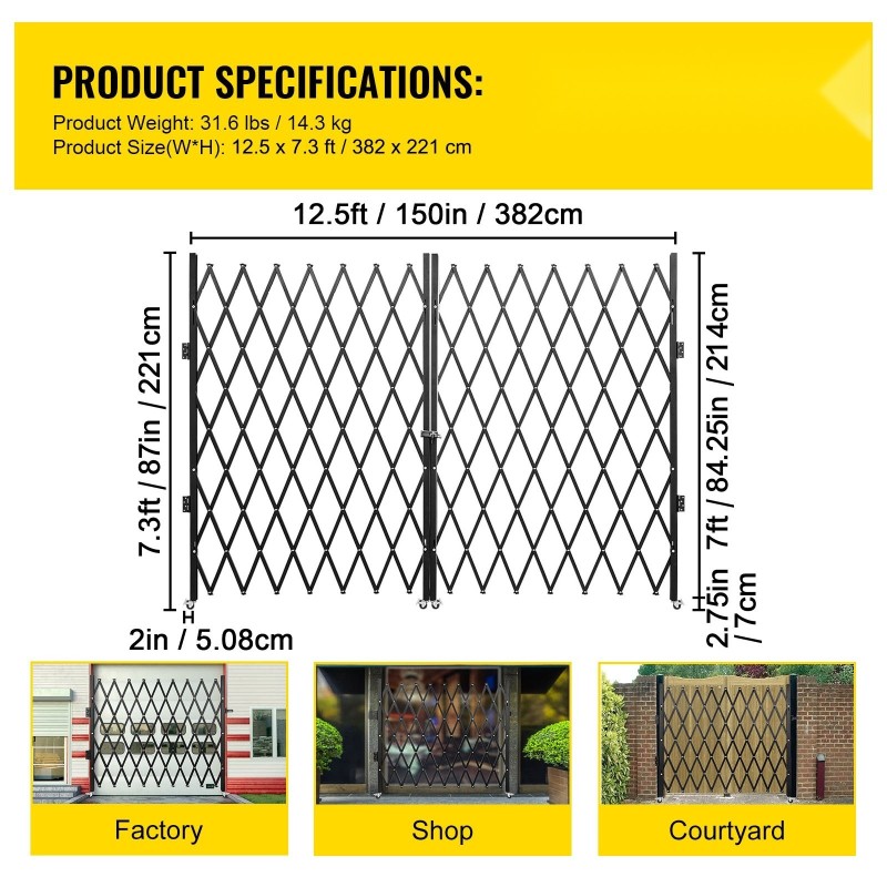 Taittuva kaksiosainen teräsportti 3/4 tuuman kanavateräs leveys 0,5–12 jalkaa korkeus 6,5 jalkaa