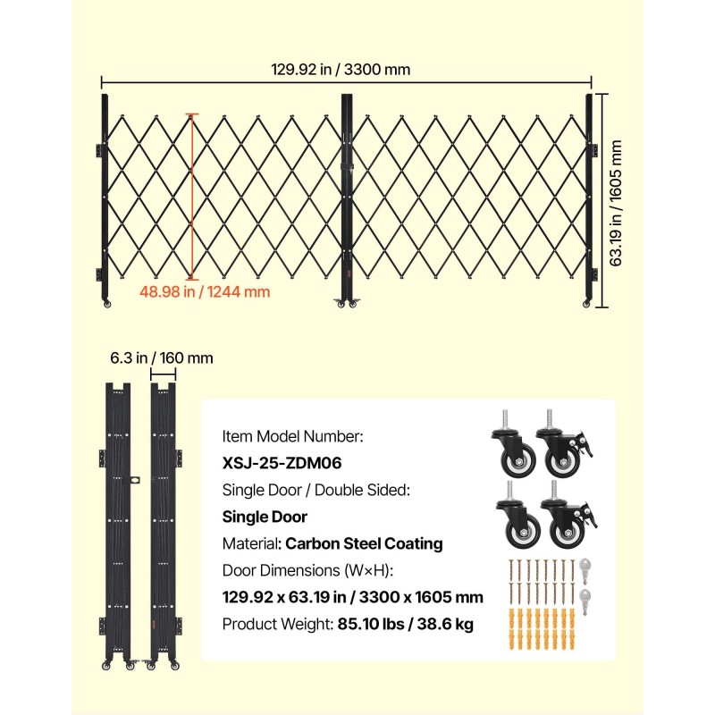 Taittuva teräksinen turvaportti 330 x 160,5 cm lukittava 360 asteen kääntyvillä pyörillä
