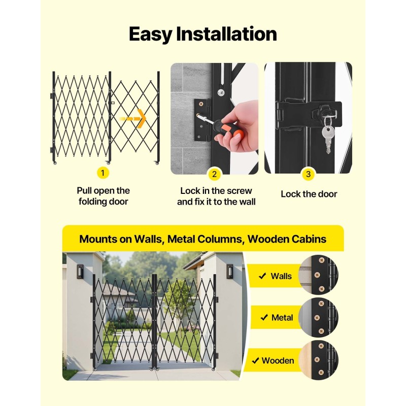Kaksinkertainen taittuva teräsinen turvaportti 370 x 160,5 cm lukittavat 360° kääntyvät pyörät
