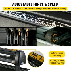 34-tuumainen vinyylileikkuri säädettävällä leikkausvoimalla ja nopeudella lattiatelineellä