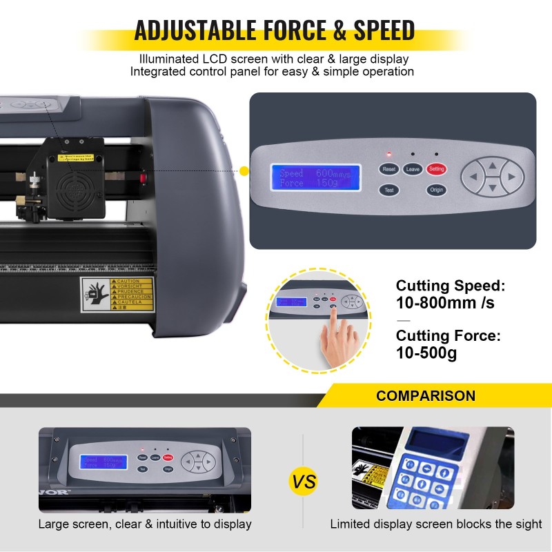 14-tuumainen vinyylileikkuri maksimi 375 mm syöttö 285 mm leikkuuleveys teräspaine 10–500 g