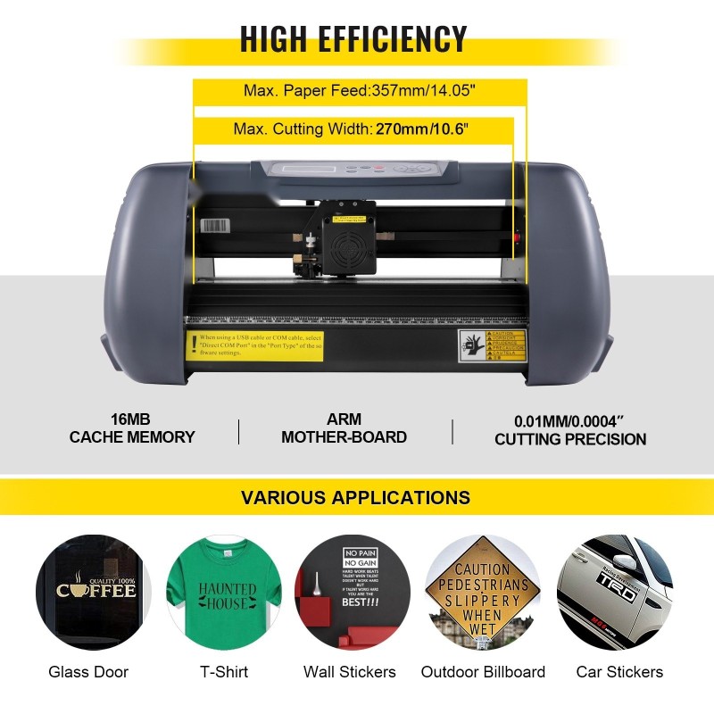 14-tuumainen vinyylileikkuri maksimi 375 mm syöttö 285 mm leikkuuleveys teräspaine 10–500 g