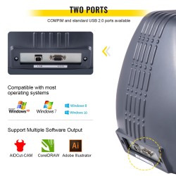 14-tuumainen vinyylileikkuri maksimi 375 mm syöttö 285 mm leikkuuleveys teräspaine 10–500 g