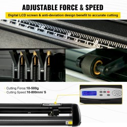 Vinyylileikkuri alumiinirunko 34 tuuman syöttö 780 mm leikkausleveys kolme terää LCD-näyttö jalustalla