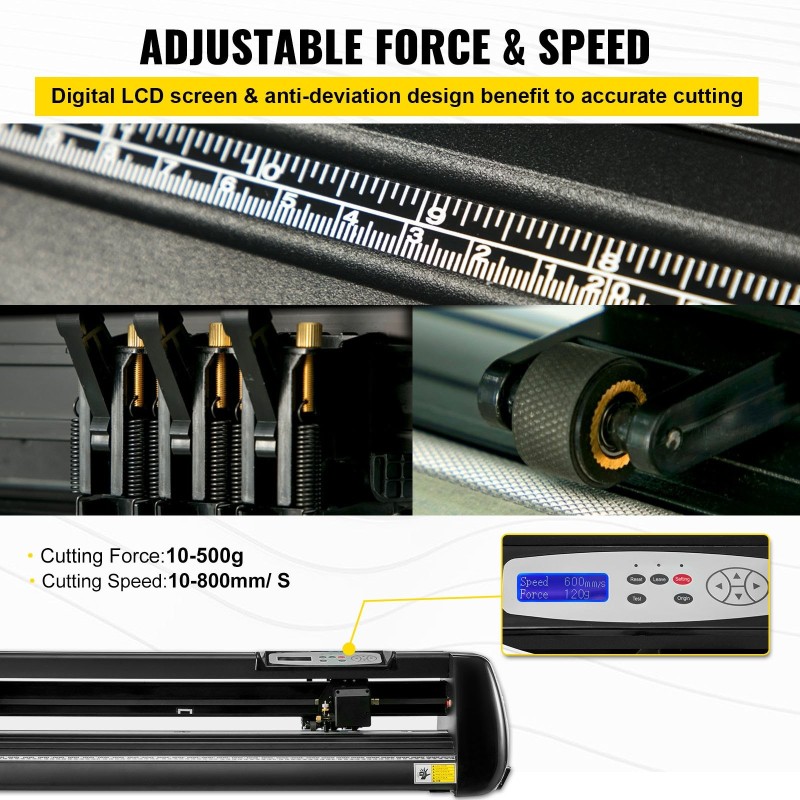 Vinyylileikkuri alumiinirunko 34 tuuman syöttö 780 mm leikkausleveys kolme terää LCD-näyttö jalustalla