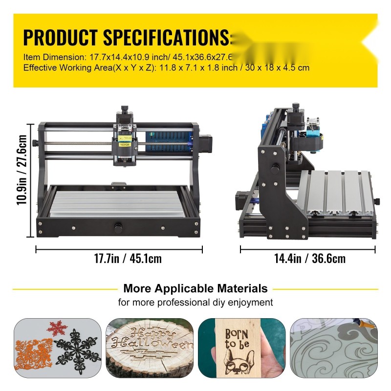 CNC 3018 3-akselinen kaiverrus ja jyrsinkone alumiini bakeliitti 300x180x45 mm