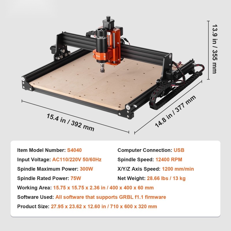 CNC-jyrsinkone alumiinirunko 400x400x60mm työalue 300W GRBL USB puulle akryylille