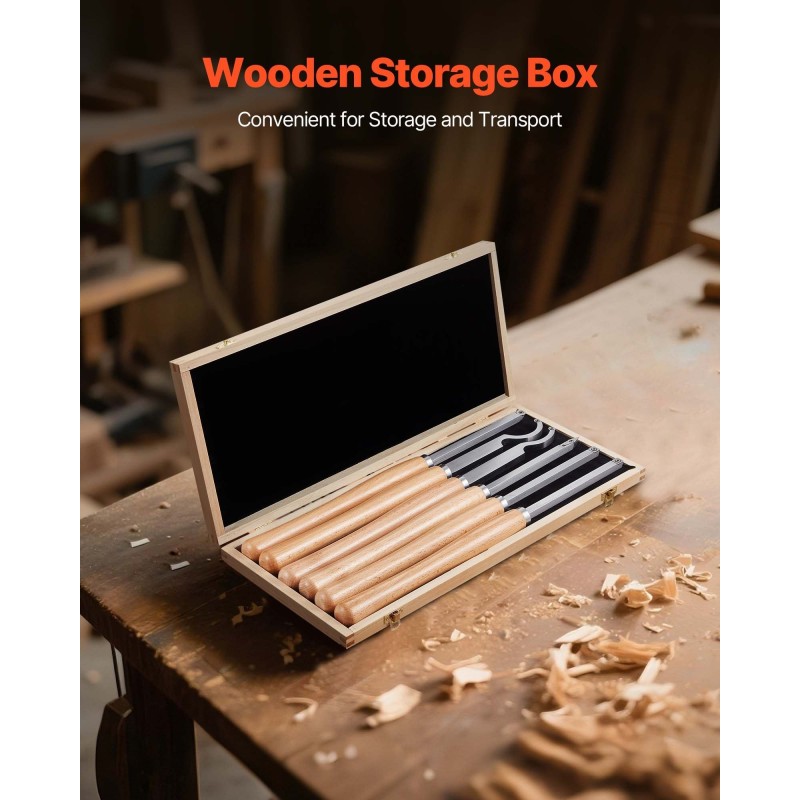 6-osainen puusorvan työkalusarja kovametalliterillä puukahvoilla ja puisella säilytyslaatikolla