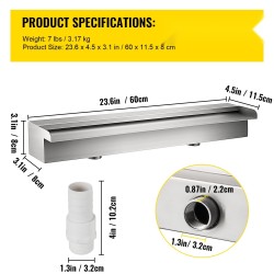 Vesiputouslippa ruostumattomasta teräksestä 60x11,5x8 cm puutarhaan ja altaaseen
