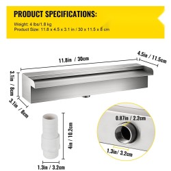 Vesiputousallas ruostumattomasta teräksestä 30 cm leveä liittimellä sisä ja ulkokäyttöön