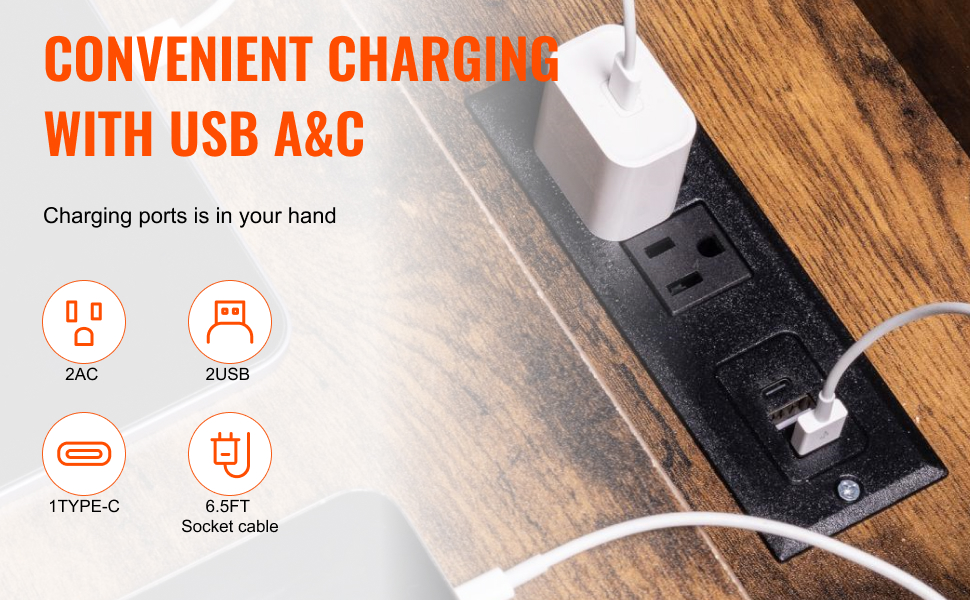Yöpöydän latausasema, jossa AC-, USB- ja Type-C -portit