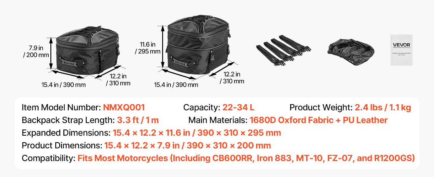 Moottoripyörän takalaukku varusteineen