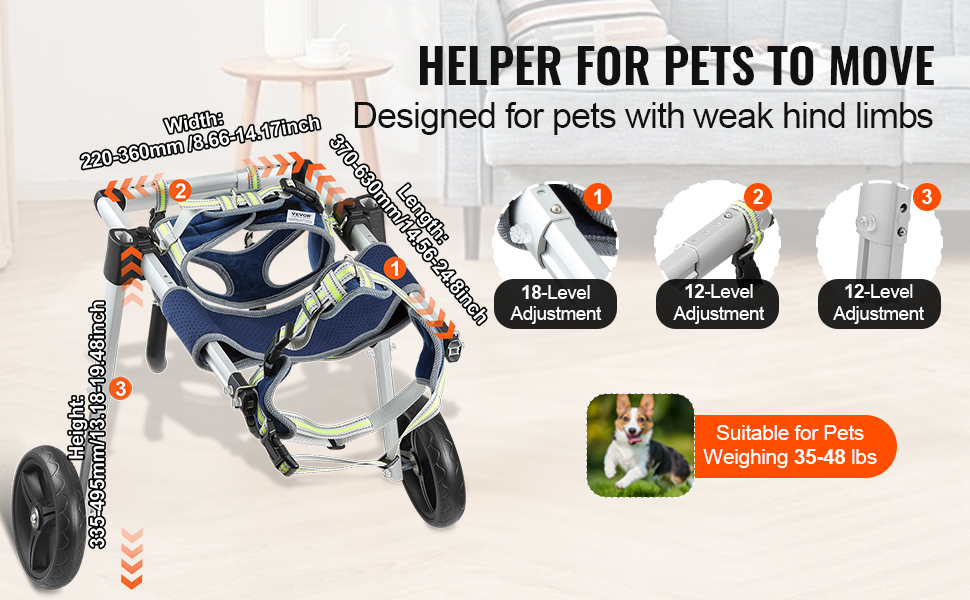 Säädettävä koiran pyörätuoli eri kokoisille lemmikeille