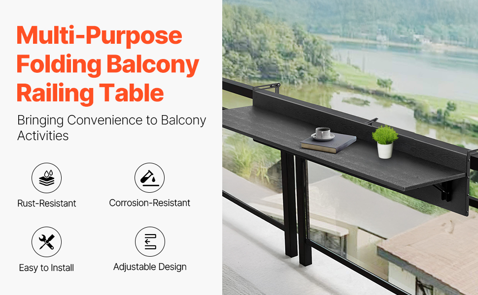 Parvekekaiteeseen kiinnitettävä taittuva pöytä