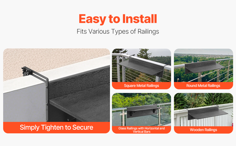 Säädettävät kiinnikkeet helpottavat parvekepöydän asennusta