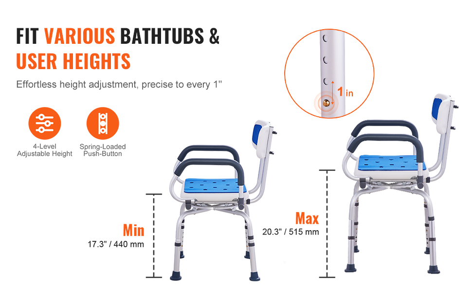 Säädettävä istuinkorkeus suihkutuolissa