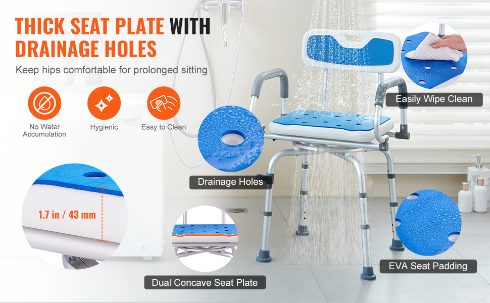 Pehmustettu istuin ja vedenpoistoaukot