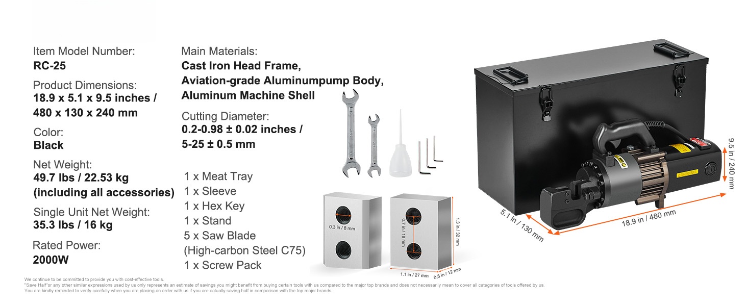 Betoniteräsleikkuri ja mukana tulevat lisävarusteet