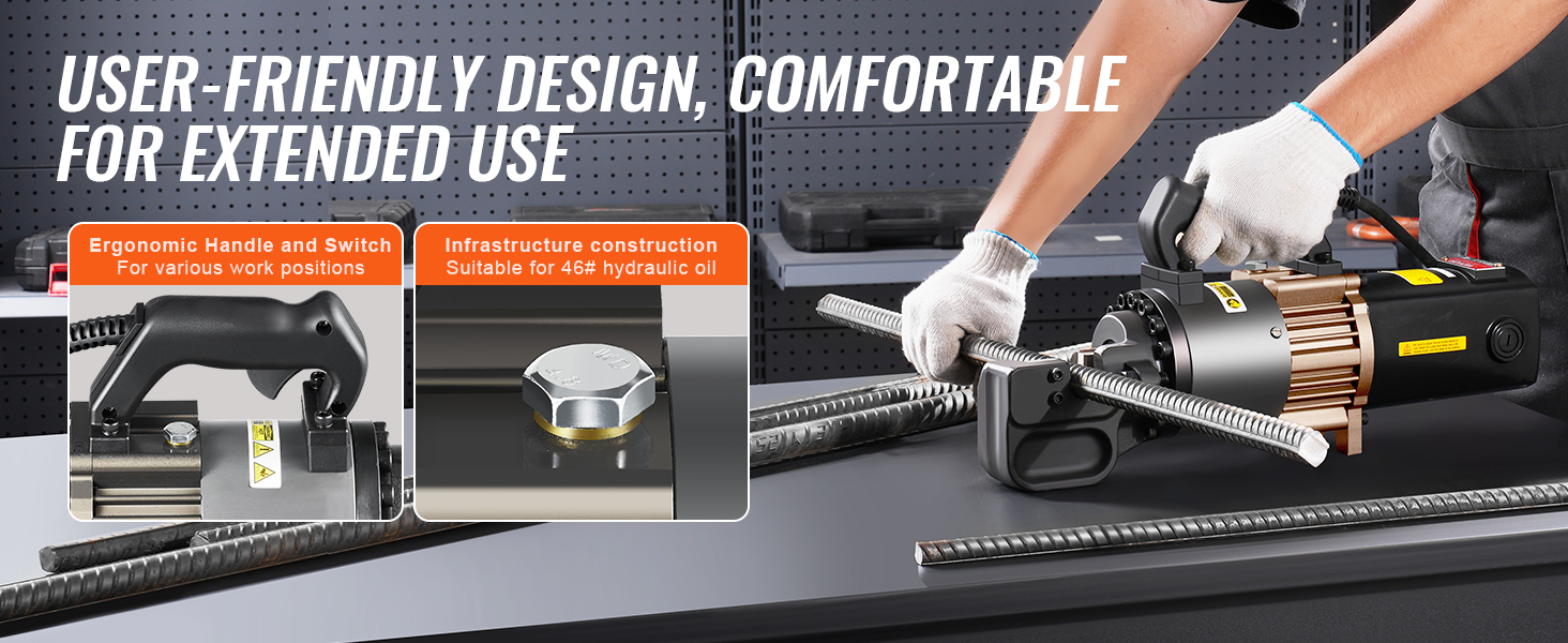 Ergonominen kahva ja käyttökytkin betoniteräsleikkurissa