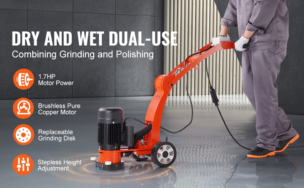 Betonilattiahiomakone käytössä märkä- ja kuivahiontaan